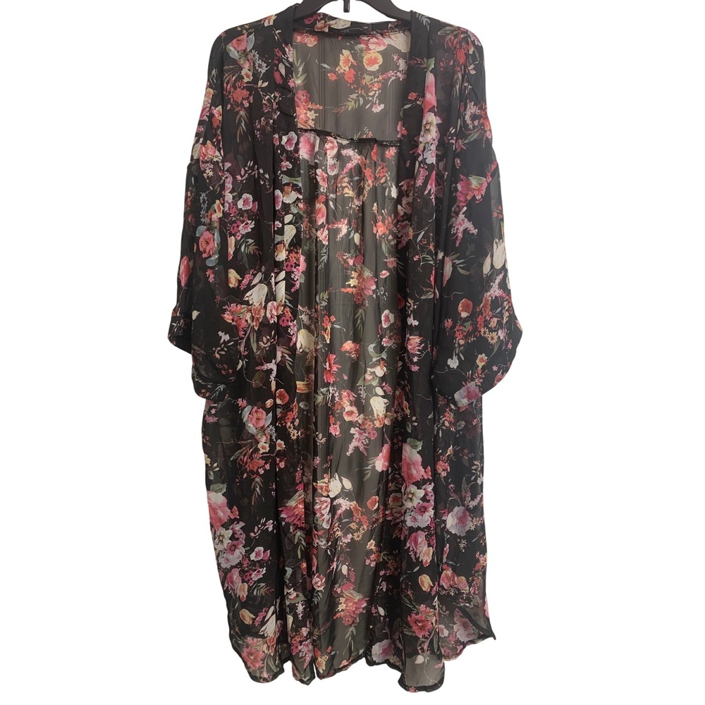 Zanzea Collection Floral Kimono Duster Black Pink Sheer Chiffon XXXL Plus Size